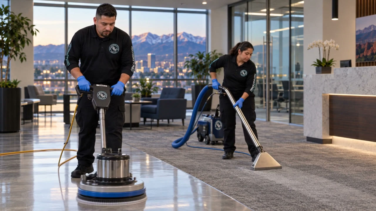 Illustrated CRM crew buffing a floor and extracting carpet