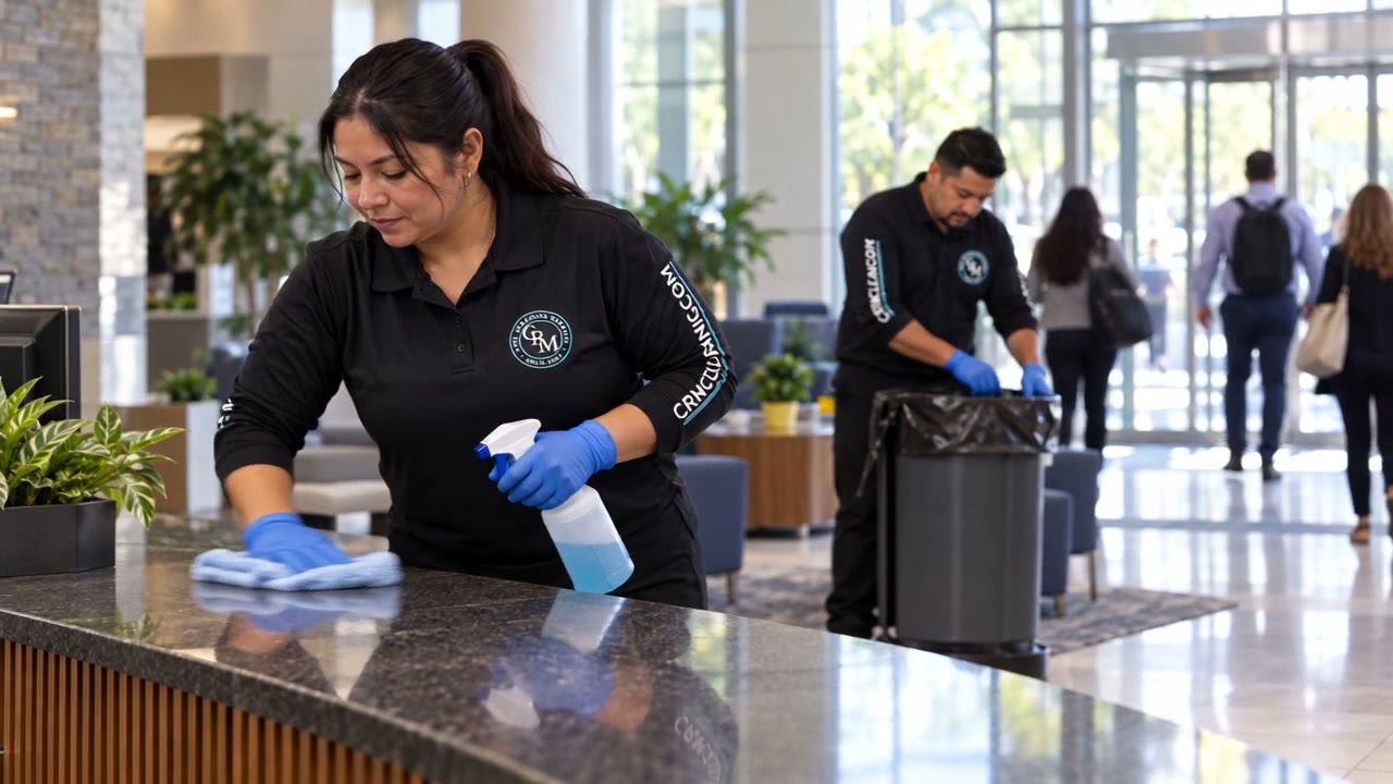 Illustrated CRM crew cleaning an office lobby by day and at dusk