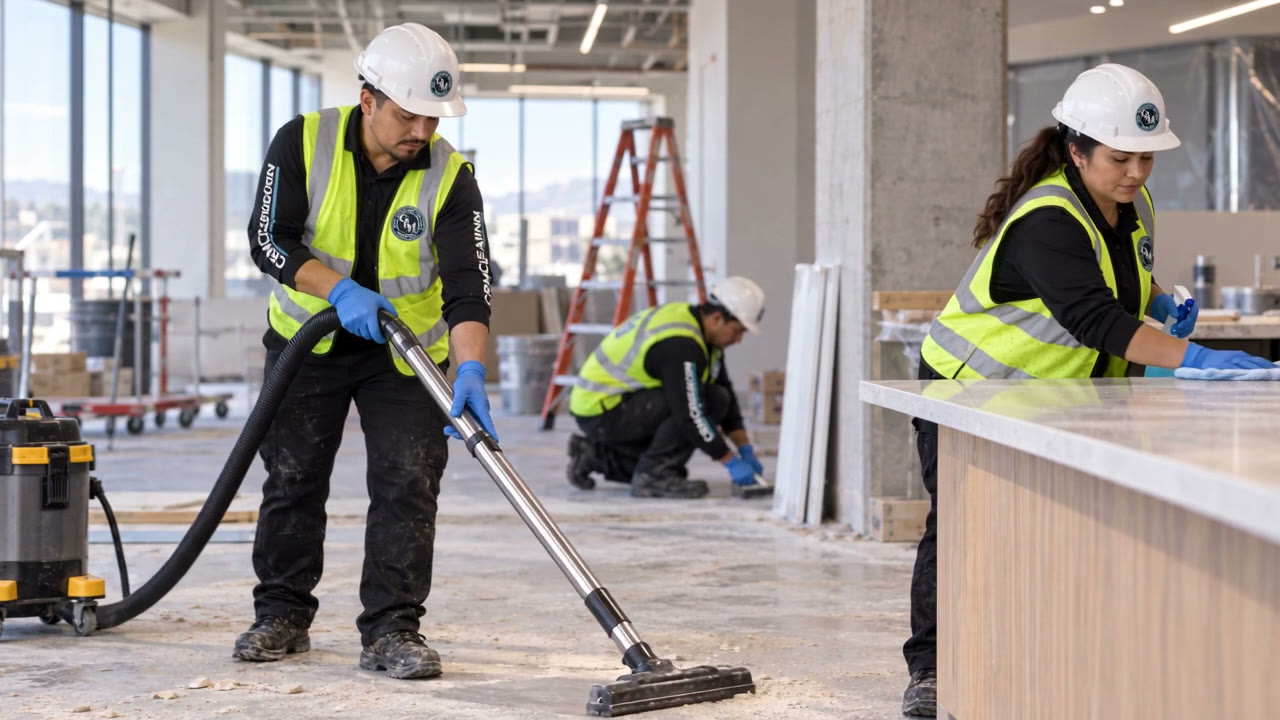 Illustrated CRM crew in hard hats cleaning a newly built space
