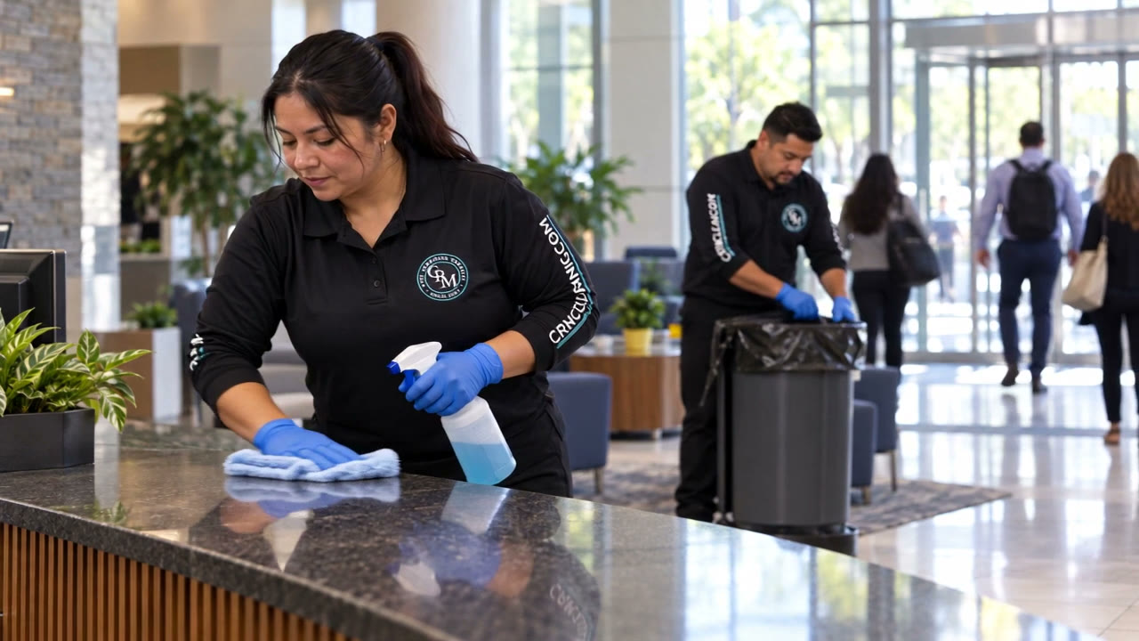 Illustrated CRM day porter cleaning a busy lobby