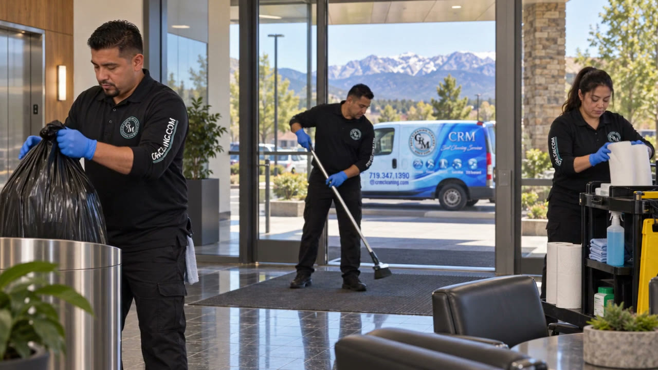 Illustrated CRM crew cleaning a lobby, buffing floors, pressure washing beside the CRM van and cleaning a home kitchen