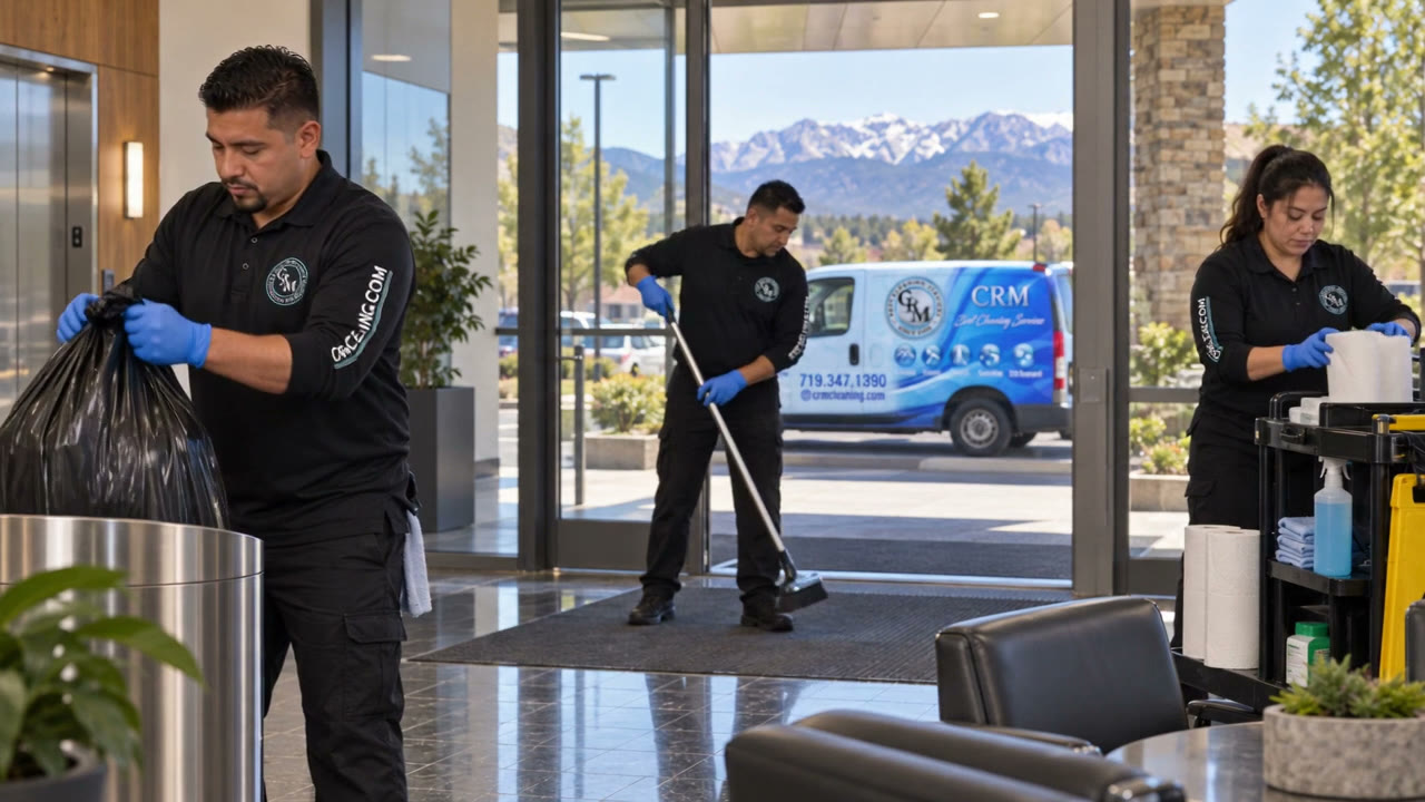 Illustrated CRM crew cleaning a commercial lobby with the CRM van outside