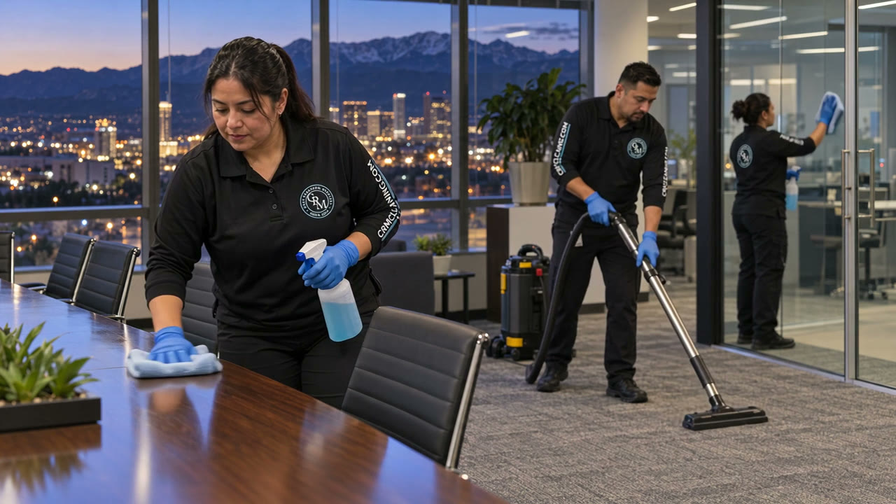 Illustrated CRM crew cleaning an office at dusk