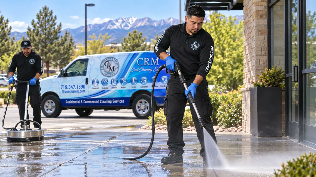 Illustrated CRM crew pressure washing beside the CRM van