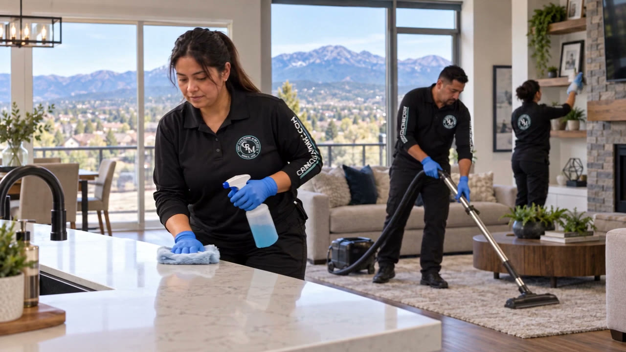 Illustrated CRM crew cleaning a home kitchen and windows
