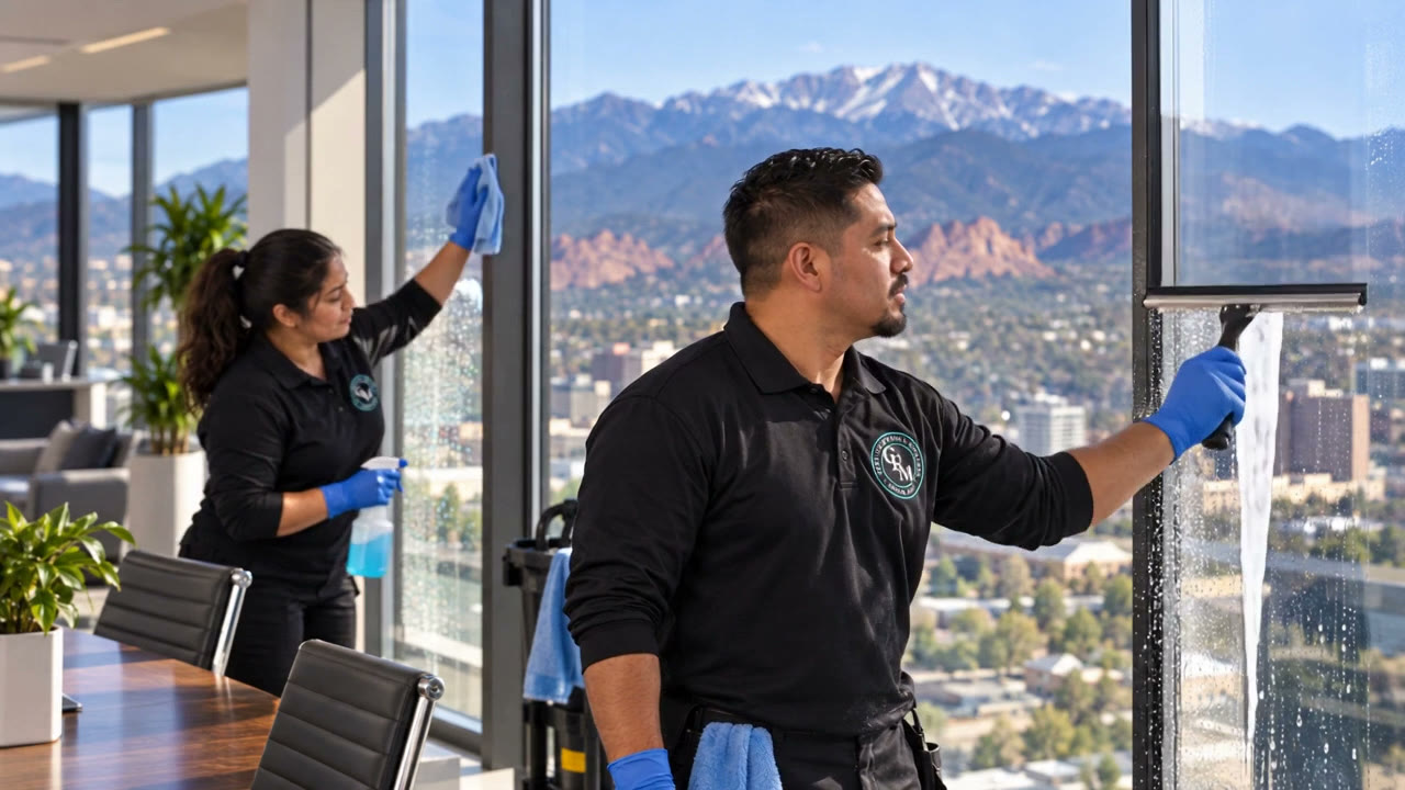 Illustrated CRM crew cleaning office windows